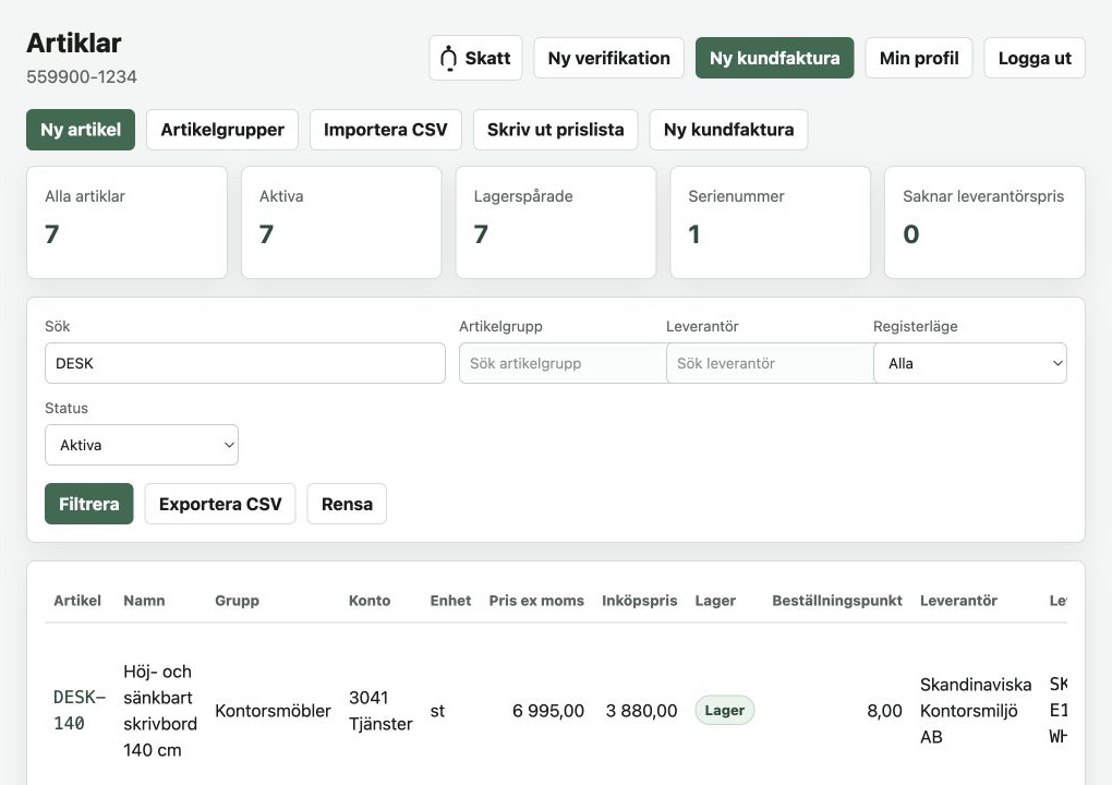 Artikelregister i Finance med sökfilter, lagerstatus och prisuppgifter